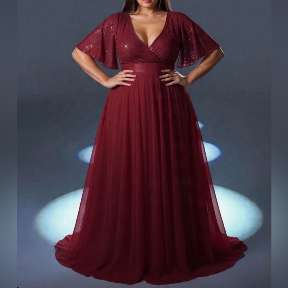 #106 Burgundy Faux Wrap V Neck Sequin Bodice & Tulle Ball Gown-4X/24W
